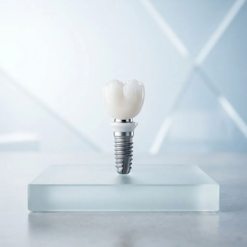 Illustration of a dental implant: a titanium post topped with a tooth-coloured crown